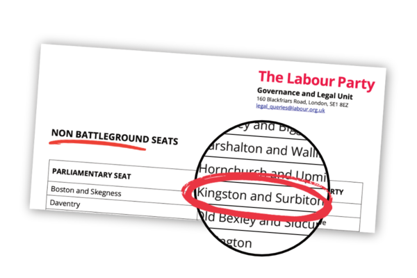 A document from Labour Party HQ showing 'non battleground seats'. Kingston and Surbiton is on the list.